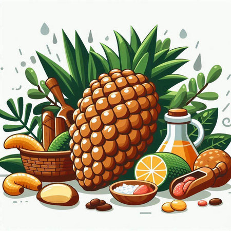 Pineapple and other products for natural spa treatment. Vector illustration.のイラスト素材