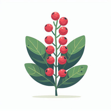 Red berries on a branch with green leaves. Vector illustration in flat styleのイラスト素材