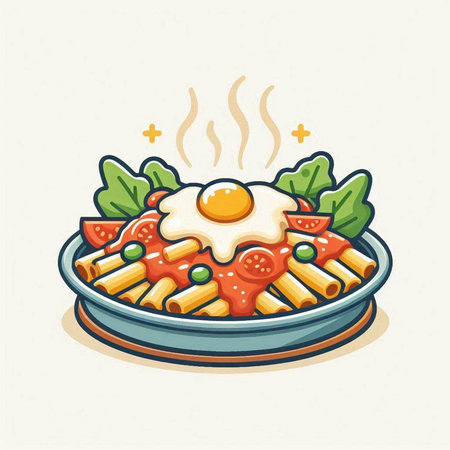 Italian pasta with tomato sauce and fried egg on plate. Vector illustrationのイラスト素材