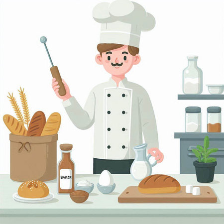 Illustration of a Cute Male Chef Making Bread in the Kitchenのイラスト素材