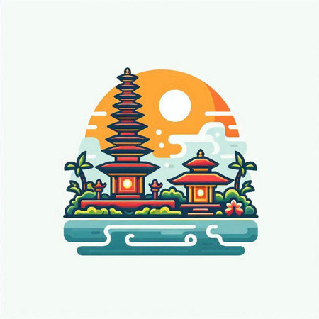 Buddhist temple on the shore of the sea. Vector illustration.のイラスト素材