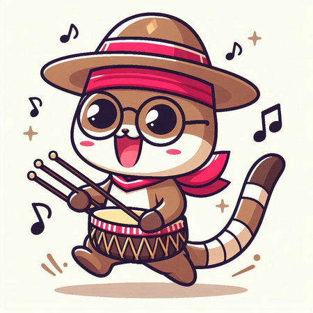 Vector illustration of Cute cartoon cat in hat and glasses playing drum isolated on white backgroundのイラスト素材