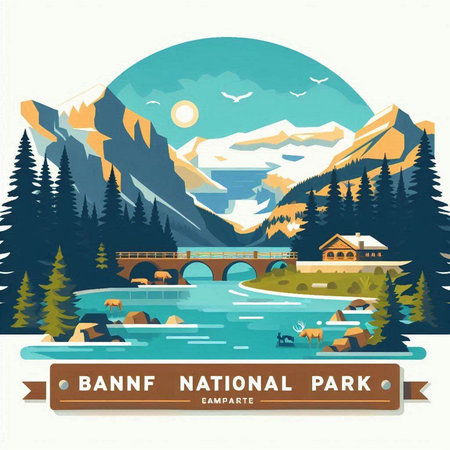 Landscape with mountains, river, forest and bridge. Vector illustrationのイラスト素材