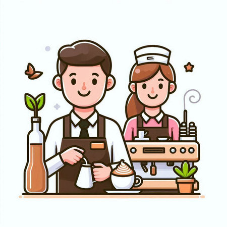 Coffee shop, cafe, restaurant, barista, bartender, waiter, waitress. Vector illustrationのイラスト素材