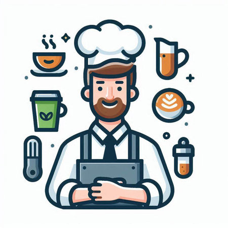 Chef with laptop and coffee cup. Vector line art illustration.のイラスト素材