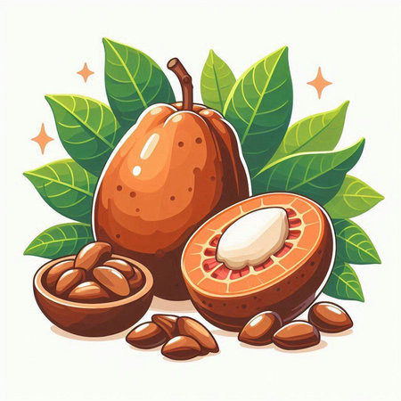 Illustration of whole and halved sapodilla fruits with leavesのイラスト素材