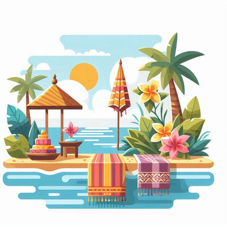 Tropical beach with palm trees and bungalows vector illustrationのイラスト素材