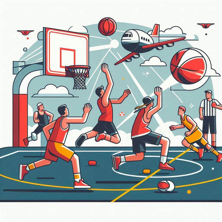 Basketball players on the basketball court. Vector illustration in flat styleのイラスト素材