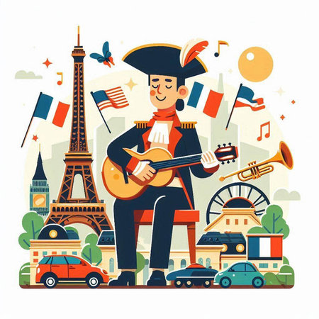 Vector illustration of a boy in a pirate costume playing the guitar on the background of the Eiffel tower.のイラスト素材