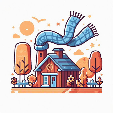 Vector illustration of cartoon house with chimney on the roof. House in nature.のイラスト素材