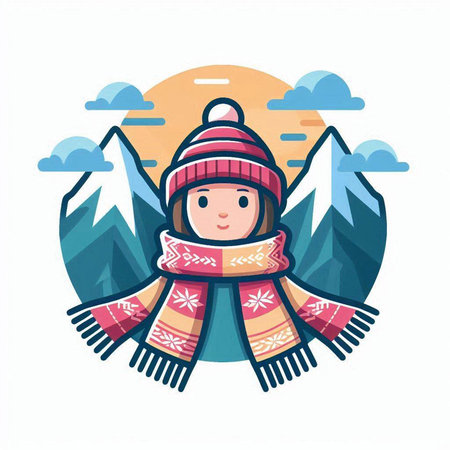 Vector illustration of a girl in a knitted hat, scarf and mittens on the background of mountains.のイラスト素材