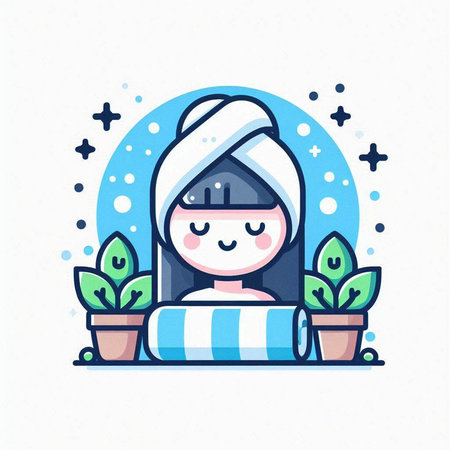 Vector illustration of a cute girl with a towel on her head and flowers in pots.のイラスト素材