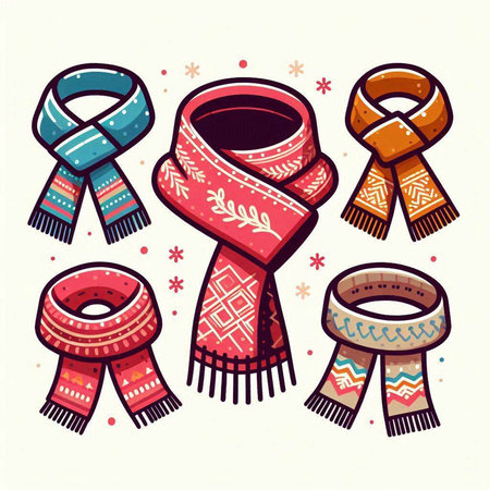 Set of winter knitted scarves and scarves. Vector illustration.のイラスト素材