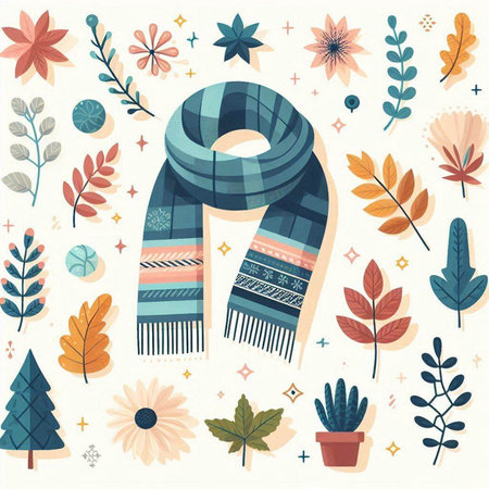 Vector illustration of a cozy winter scarf with flowers, leaves and plants.のイラスト素材