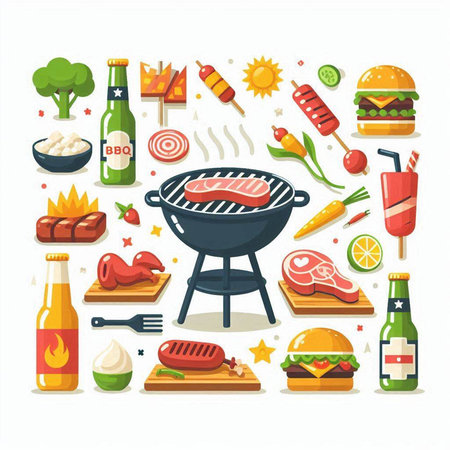 Barbecue grill with food and drinks. Vector illustration in flat styleのイラスト素材