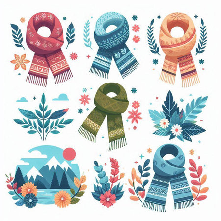 Vector set of winter elements: scarf, hat, hat, mittens, flowers.のイラスト素材
