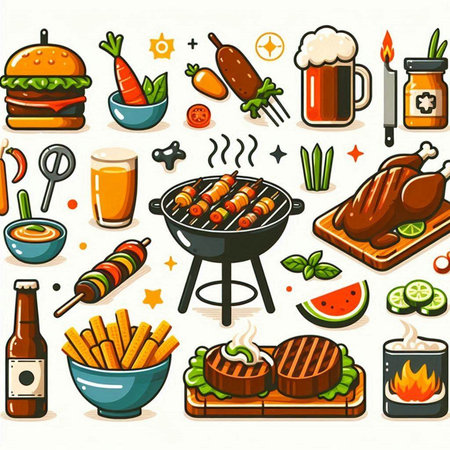 Barbecue party icons set with meat and vegetables. Vector illustration.のイラスト素材