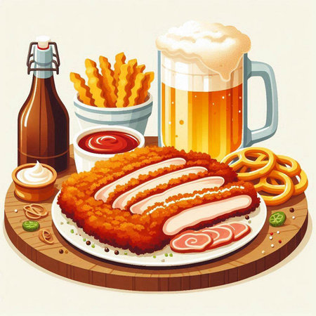 Illustration of a plate with fried pork chop, beer and snacksのイラスト素材