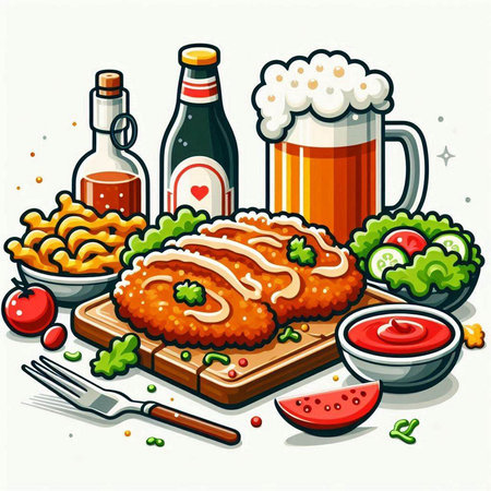 Illustration of fried chicken with beer and ingredients on a white backgroundのイラスト素材