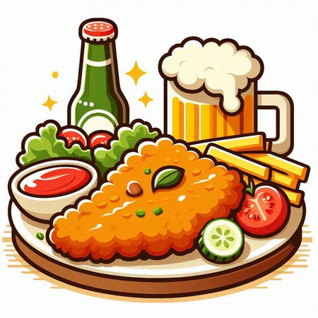 Illustration of fried chicken with beer and vegetables on a white backgroundのイラスト素材