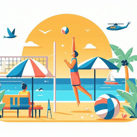 Summer beach vacation vector illustration. Cartoon flat character of young man and woman on the beach at sunsetのイラスト素材