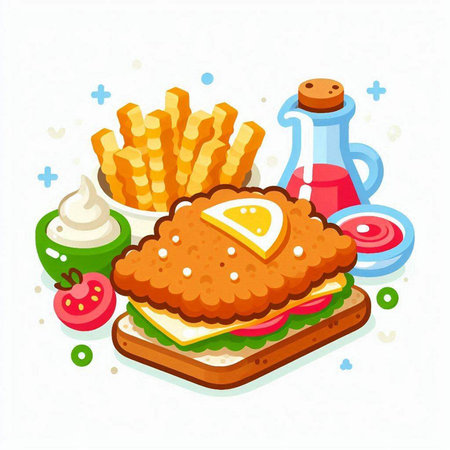Sandwich with chicken and vegetables. Vector illustration of fast food.のイラスト素材