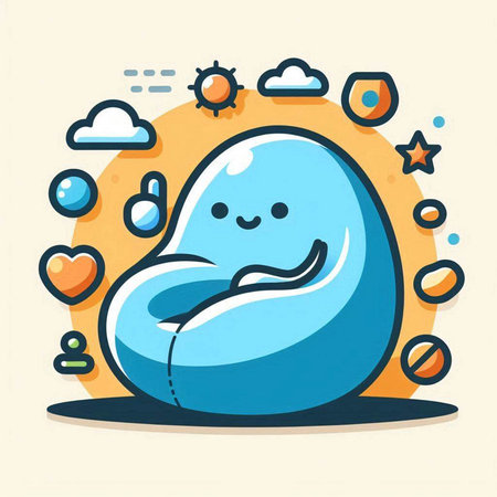 Vector illustration of cute blue cartoon character in flat line style with cloud, sun and hearts.のイラスト素材