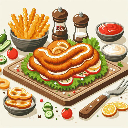 Illustration of fried fish with french fries and salad on wooden boardのイラスト素材