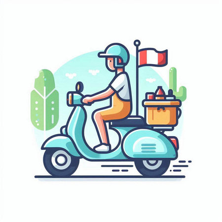 Courier on a scooter delivering food to the customer. Delivery service. Vector illustrationのイラスト素材