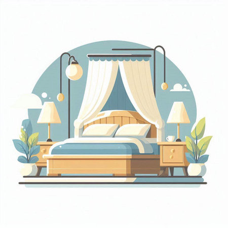 Bedroom interior. Vector illustration in flat style. Bedroom with bed, lamps and plants.のイラスト素材