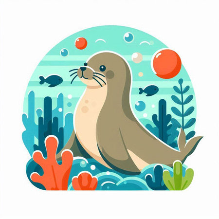 Cute seal in the sea. Vector illustration in cartoon style.のイラスト素材