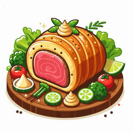 Illustration of a ham roll with vegetables on a white background.のイラスト素材