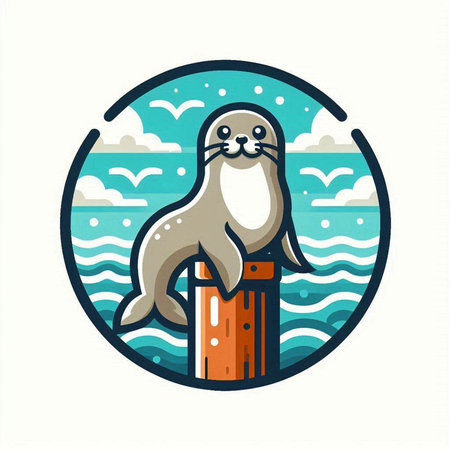Cute seal on the pier. Vector illustration in flat style.のイラスト素材