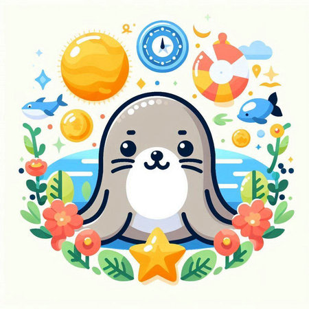 Cute seal in the circle with sea life elements. Vector illustration.のイラスト素材