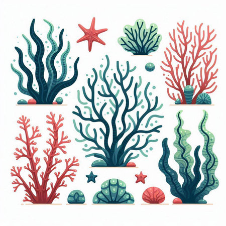 Set of seaweed and starfish icons. Vector illustration in cartoon styleのイラスト素材