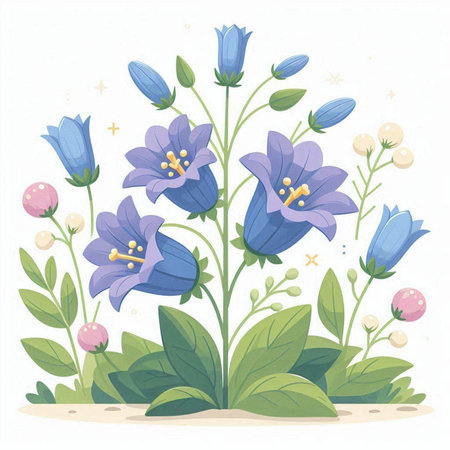 Blue bellflowers with green leaves and berries. Vector illustration.のイラスト素材