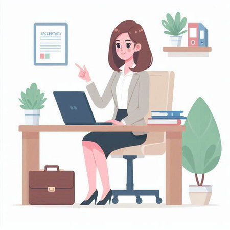 Businesswoman sitting at her desk and working on laptop. Vector illustrationのイラスト素材