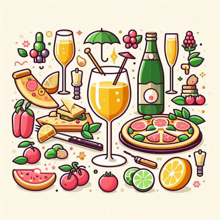 Illustration of a set of drinks and snacks. Vector illustration.のイラスト素材