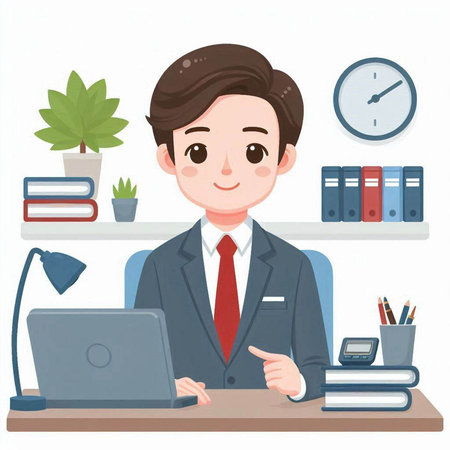 Businessman sitting at the desk in office. Vector illustration in cartoon style.のイラスト素材