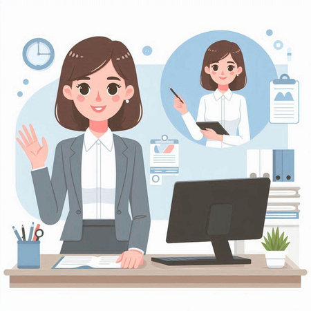 Young business woman in the office. Vector illustration in a flat style.のイラスト素材