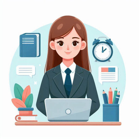 Business woman working at office with laptop. Vector illustration in cartoon style.のイラスト素材