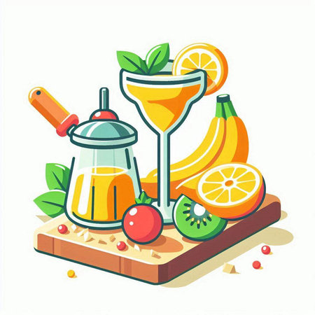 Vector illustration of a set of fruit smoothies in a glass with a juicer.のイラスト素材