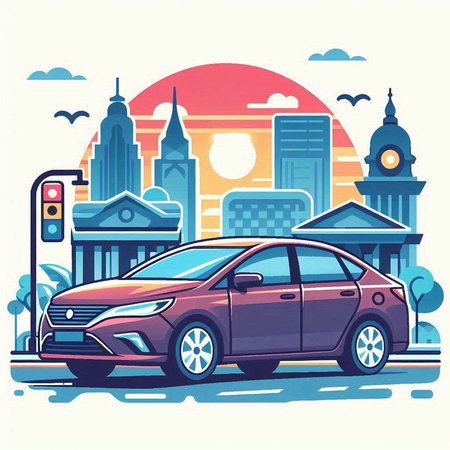 Car on the background of the city. Vector illustration. Eps 10のイラスト素材