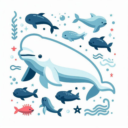 Cute cartoon whale and marine life. Vector illustration in flat style.のイラスト素材