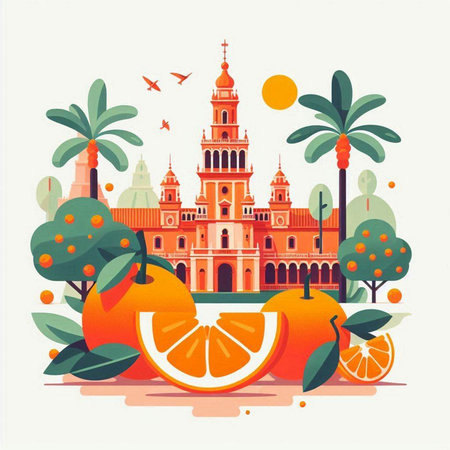 Vector illustration of Spain cityscape with buildings, trees and oranges.のイラスト素材