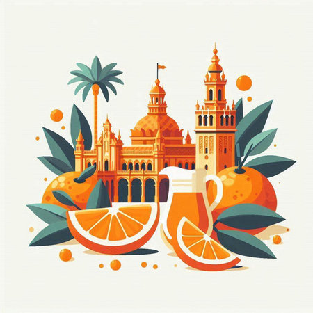 Vector illustration of famous european landmarks in flat style with orangeのイラスト素材