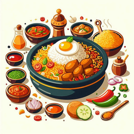Illustration of a bowl of japanese food with rice, vegetables, meatballs and egg.のイラスト素材