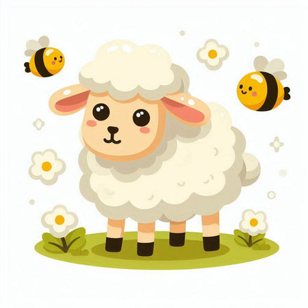 Sheep with bees and flowers. Cute cartoon vector illustration.のイラスト素材