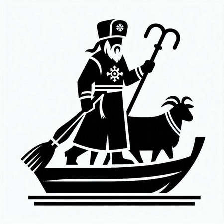 Viking with a broom and a goat in a boat. Vector illustration.のイラスト素材