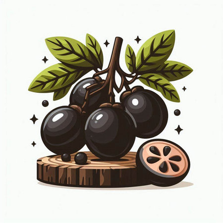 Black olives with leaves on a wooden stump. Vector illustration.のイラスト素材